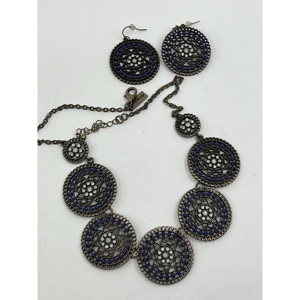 Tribal Ethnic Necklace & Earrings Set Statement Brass Blue Enamel Mandala 19"‎